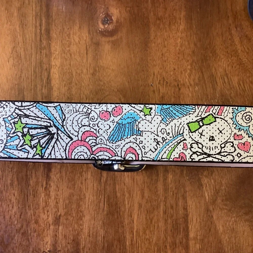 Faux Leather 1-3/4” Doodle Print Belt, Medium Skull Angel Wings Stars Pop‎ Art